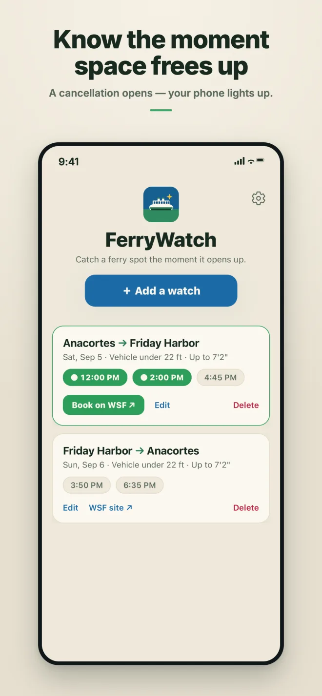 A watched sailing turned green, showing space has opened and offering a Book on WSF button.