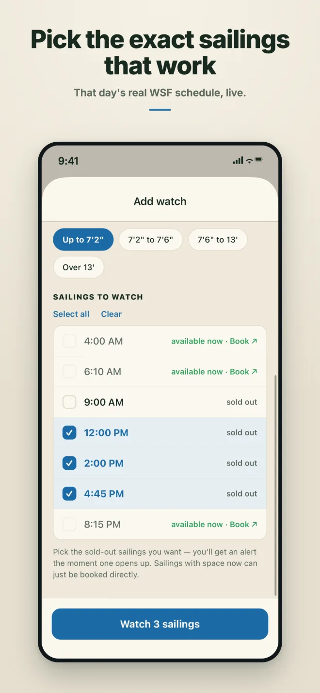 The sailing picker showing a day's real schedule, with sold-out departures ticked to watch.
