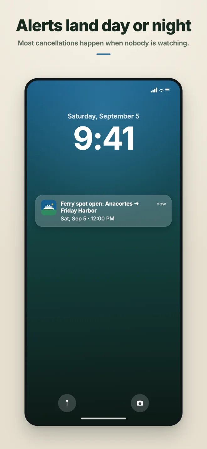 A lock screen at night showing a FerryWatch push alert that a spot has opened.