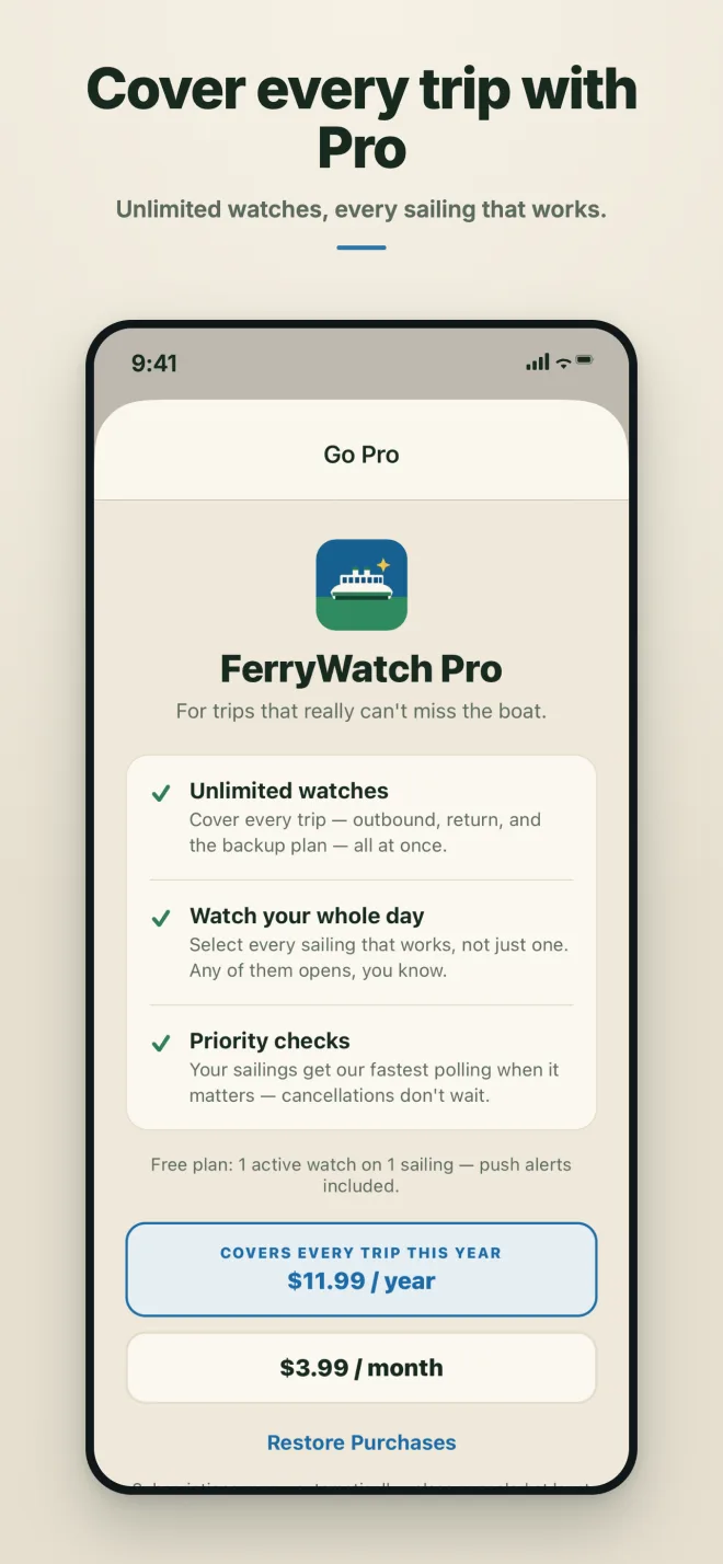 The FerryWatch Pro screen listing unlimited watches and its monthly and annual prices.